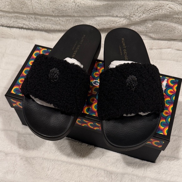 Kurt Geiger Black Fuzzy Slide Sandals - Picture 2 of 3